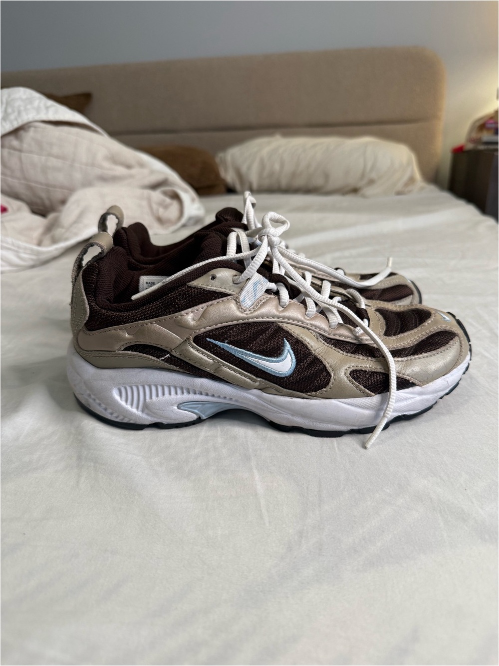 Nike Brown and Silver Men's Running Sneakers with Light Blue Swoosh